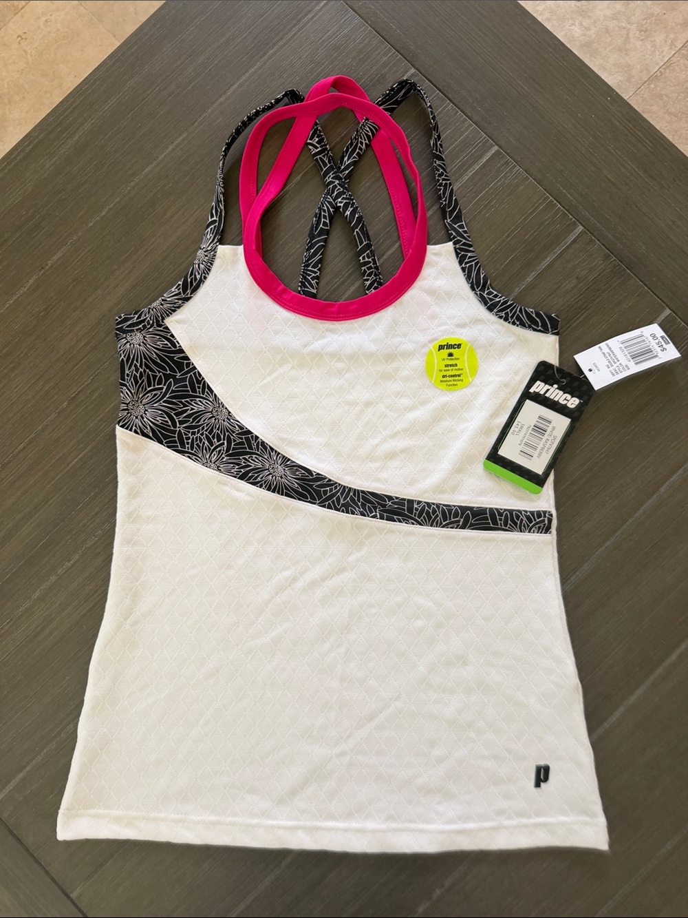 Prince White Tennis Tank with Pink Neckline and Black Floral Accents